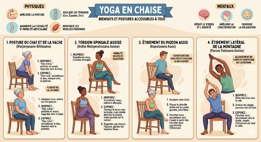 Infographie — Yoga en chaise : bienfaits physiques et mentaux, et quatre postures illustrées (chat-vache, torsion, pigeon assis, étirement latéral)